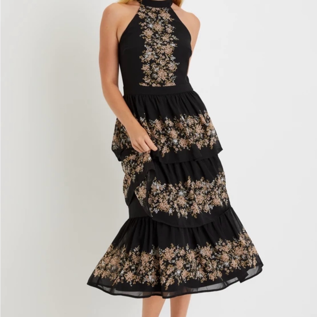 Lulu's Black Floral Midi Dress With Halter Top